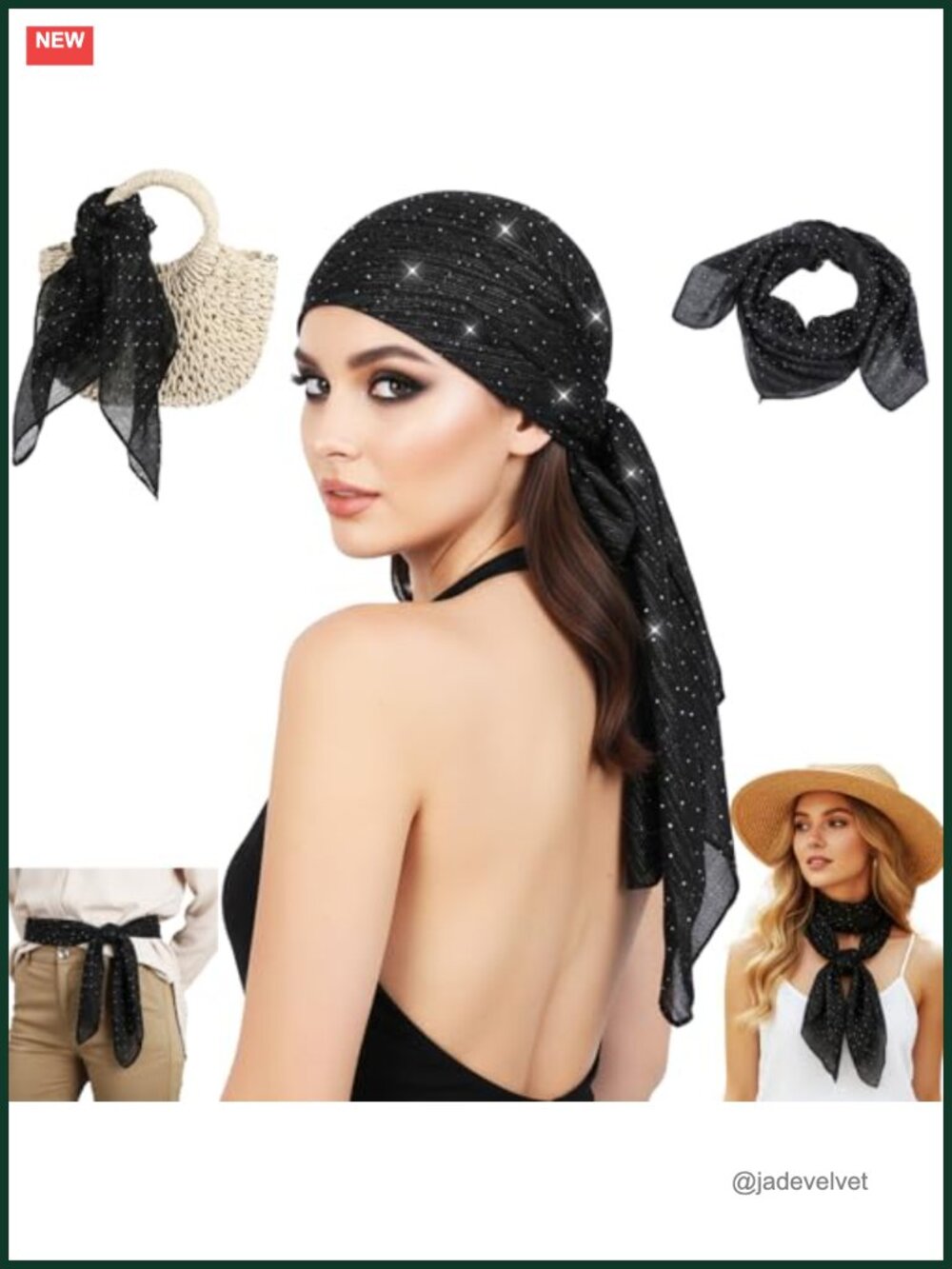 Rhinestone Head Scarf Women Sparkly Bandana Hair Wrap Silk Feel Polyester